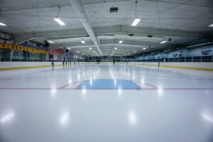 an indoor ice rink with a hockey goal