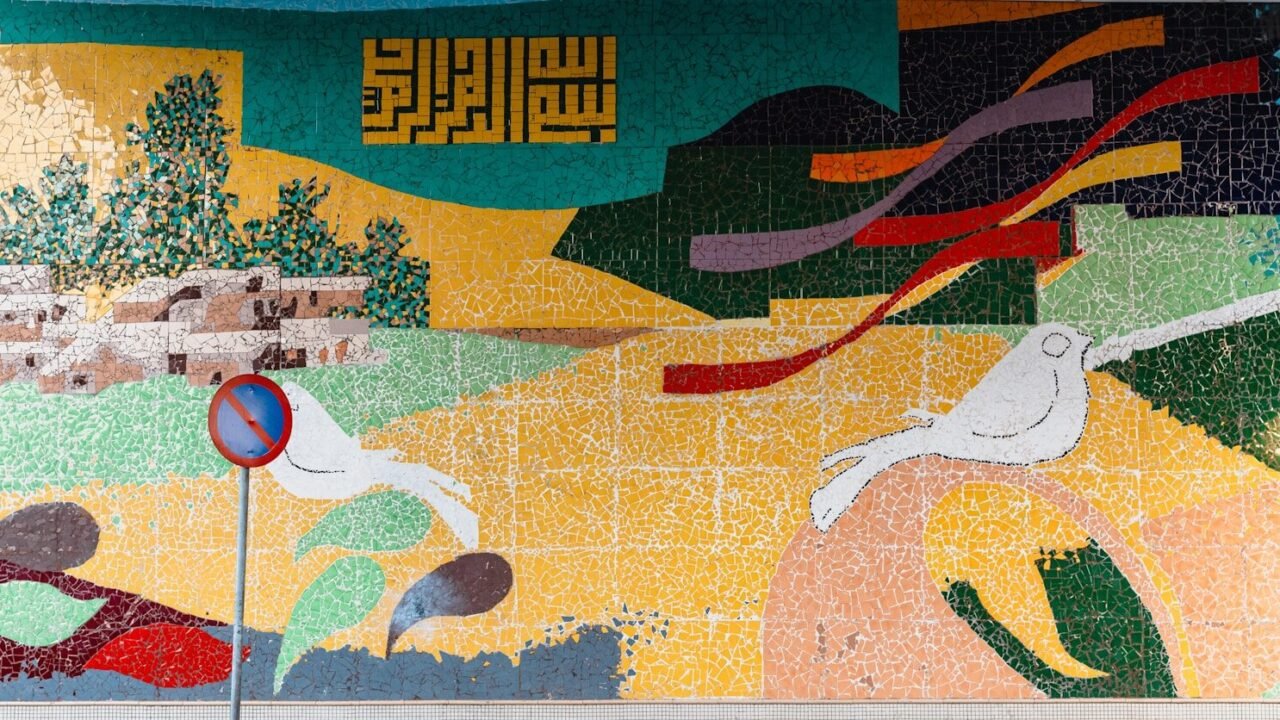 blue red and yellow abstract painting