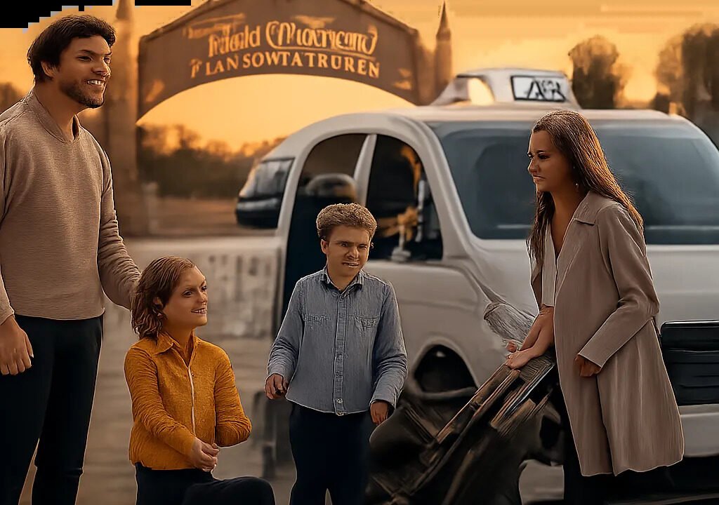 Une famille s’apprête à monter dans un taxi identifié pour un transfert serein vers Disneyland Paris. L’image évoque la confiance, la ponctualité et le confort du trajet.