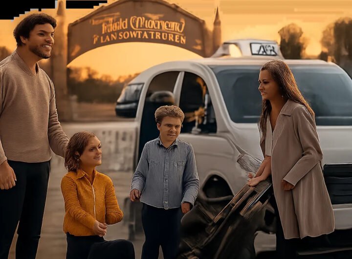 Une famille s’apprête à monter dans un taxi identifié pour un transfert serein vers Disneyland Paris. L’image évoque la confiance, la ponctualité et le confort du trajet.