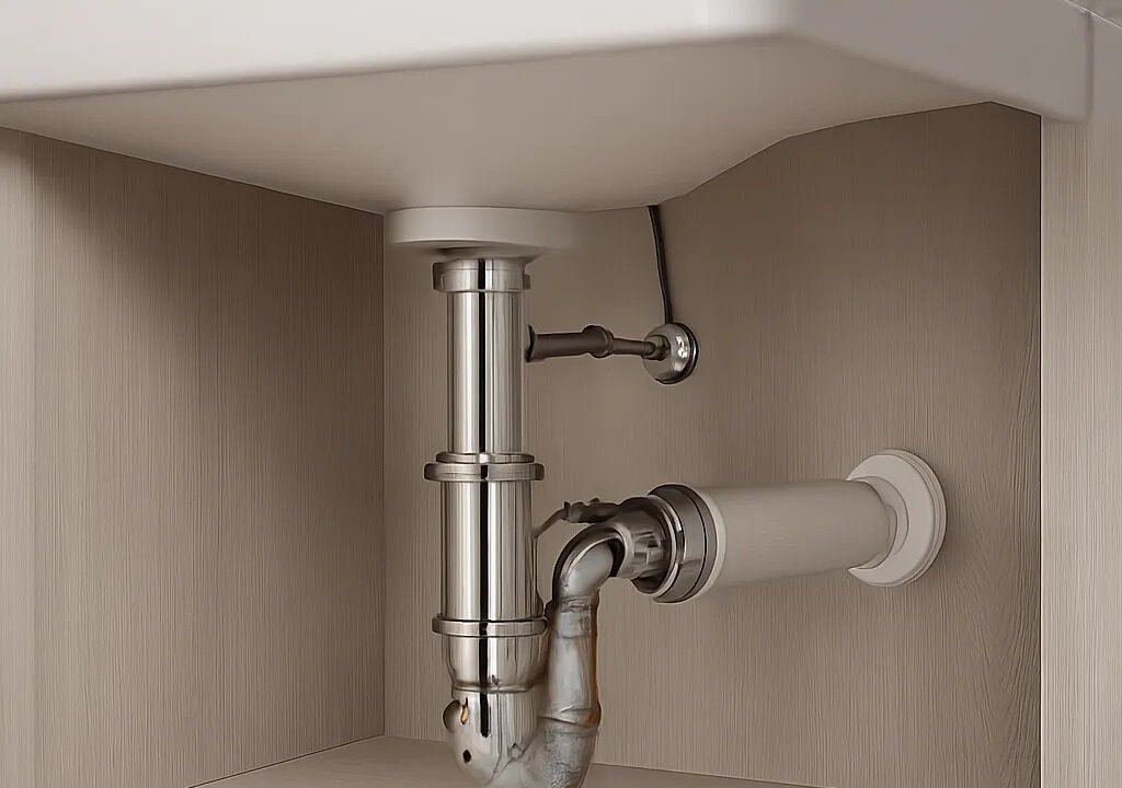 Illustration d’un siphon de lavabo propre et compact installé sous une vasque moderne. L’image met en valeur un entretien facile et une solution adaptée pour limiter les odeurs et les bouchons.
