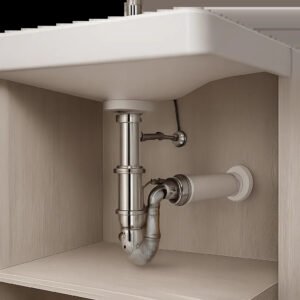 Illustration d’un siphon de lavabo propre et compact installé sous une vasque moderne. L’image met en valeur un entretien facile et une solution adaptée pour limiter les odeurs et les bouchons.