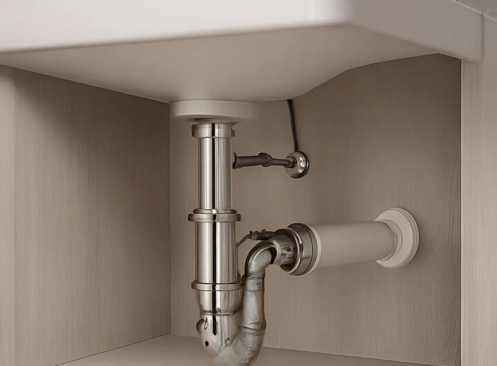Illustration d’un siphon de lavabo propre et compact installé sous une vasque moderne. L’image met en valeur un entretien facile et une solution adaptée pour limiter les odeurs et les bouchons.