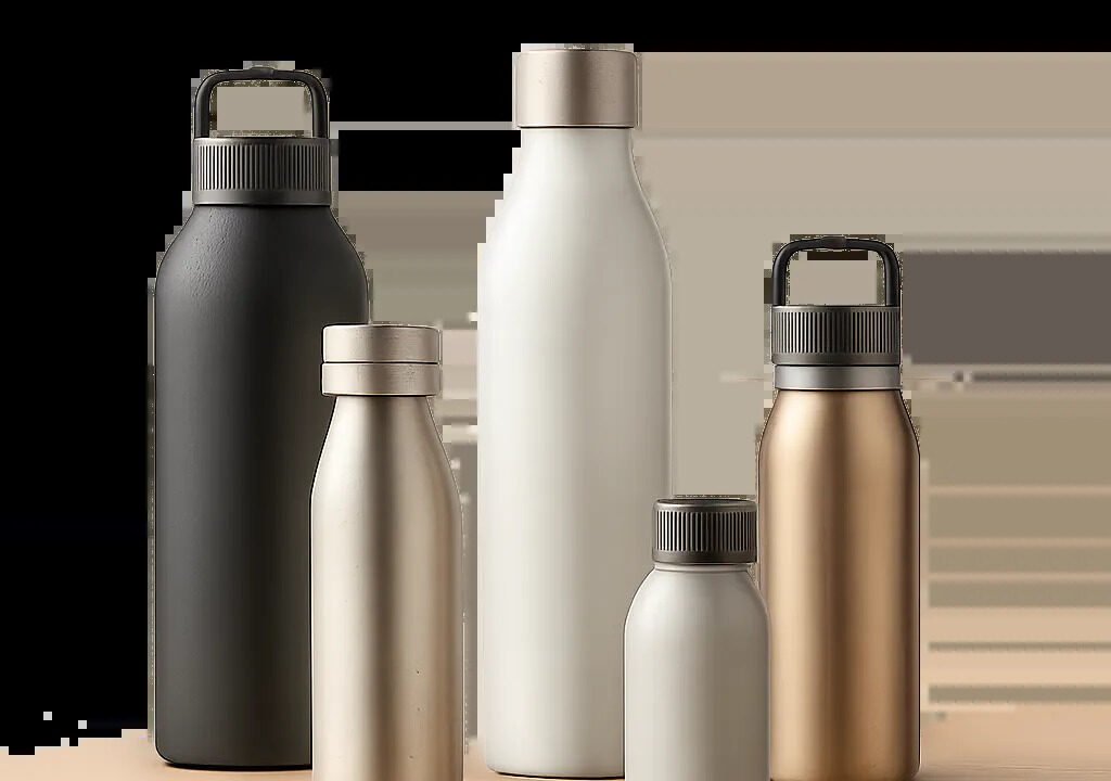 Une scène premium illustrant plusieurs gourdes isothermes adaptées au bureau, au sport et aux déplacements. L’image évoque un choix concret, moderne et rassurant autour de l’hydratation quotidienne.