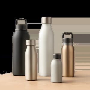 Une scène premium illustrant plusieurs gourdes isothermes adaptées au bureau, au sport et aux déplacements. L’image évoque un choix concret, moderne et rassurant autour de l’hydratation quotidienne.