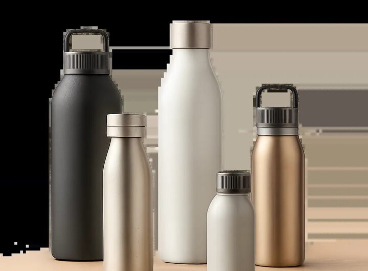 Une scène premium illustrant plusieurs gourdes isothermes adaptées au bureau, au sport et aux déplacements. L’image évoque un choix concret, moderne et rassurant autour de l’hydratation quotidienne.