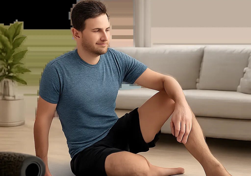 Une scène moderne illustrant une routine simple de mobilité pour assouplir les hanches à domicile. L’image évoque la récupération après le sport et la fluidité du mouvement.