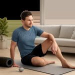Une scène moderne illustrant une routine simple de mobilité pour assouplir les hanches à domicile. L’image évoque la récupération après le sport et la fluidité du mouvement.