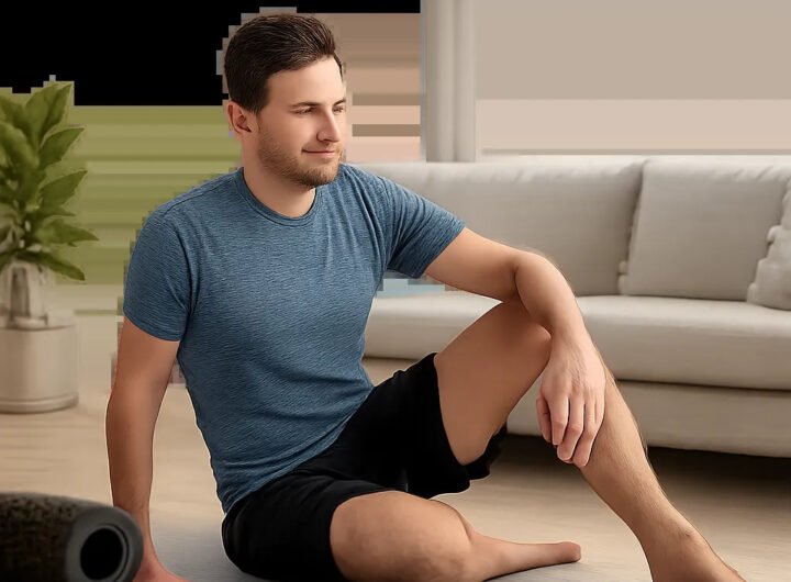 Une scène moderne illustrant une routine simple de mobilité pour assouplir les hanches à domicile. L’image évoque la récupération après le sport et la fluidité du mouvement.