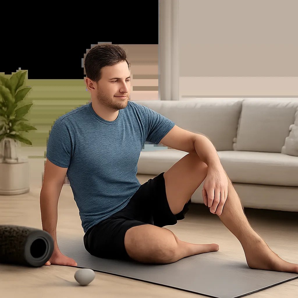 Une scène moderne illustrant une routine simple de mobilité pour assouplir les hanches à domicile. L’image évoque la récupération après le sport et la fluidité du mouvement.