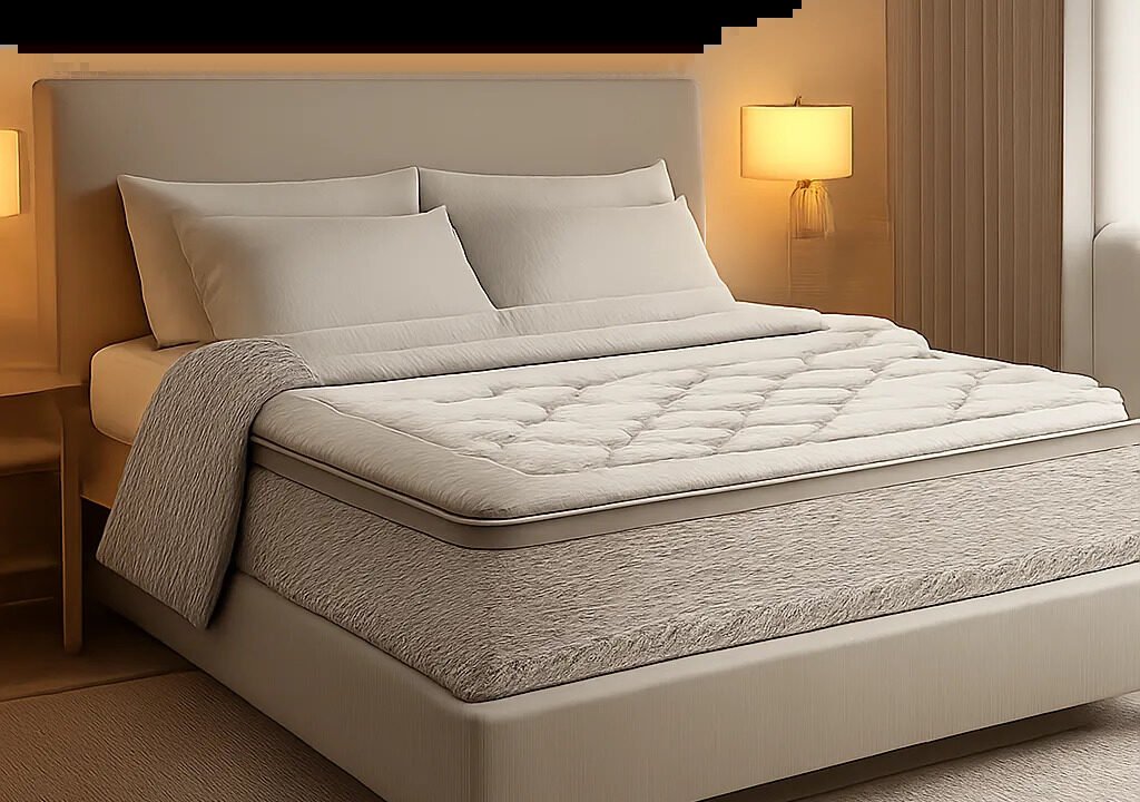Visuel premium d’un matelas 2 places dans une chambre contemporaine, pensé pour illustrer le confort partagé et la gestion des mouvements nocturnes. L’ambiance doit évoquer la respirabilité, le soutien et un sommeil réparateur à deux.