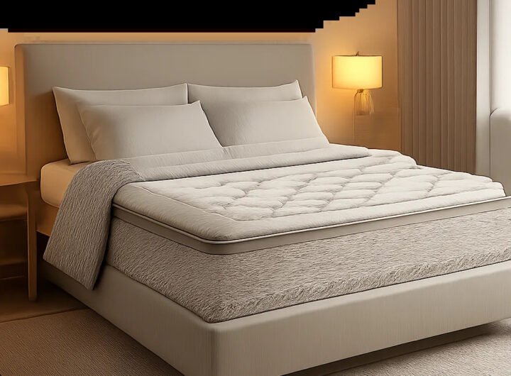 Visuel premium d’un matelas 2 places dans une chambre contemporaine, pensé pour illustrer le confort partagé et la gestion des mouvements nocturnes. L’ambiance doit évoquer la respirabilité, le soutien et un sommeil réparateur à deux.