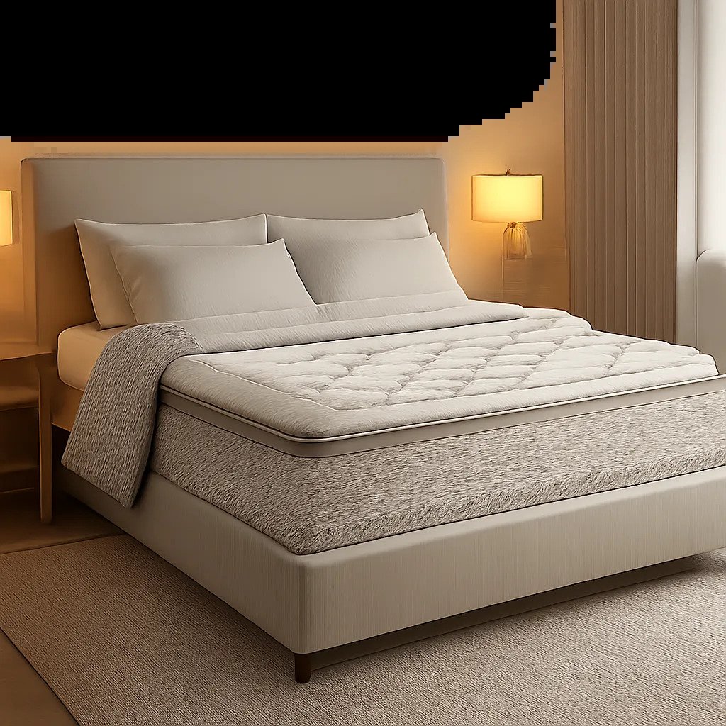 Visuel premium d’un matelas 2 places dans une chambre contemporaine, pensé pour illustrer le confort partagé et la gestion des mouvements nocturnes. L’ambiance doit évoquer la respirabilité, le soutien et un sommeil réparateur à deux.