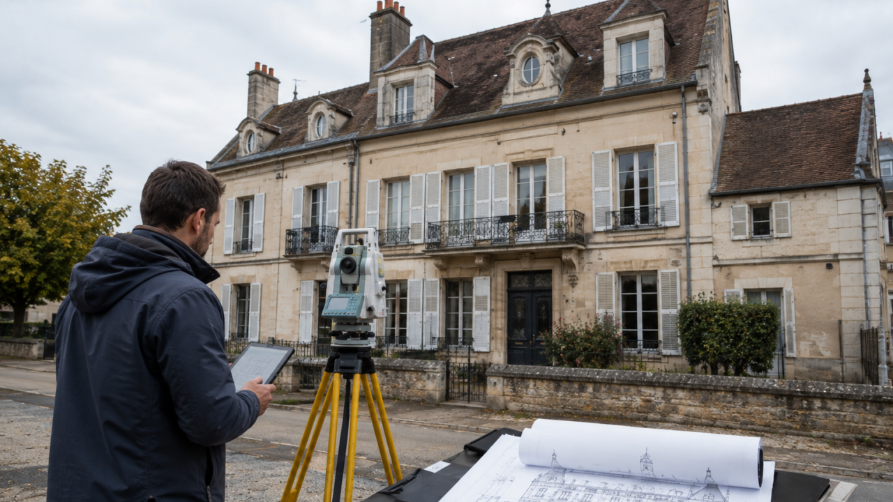 Géomètre réalisant le plan d'une façade de maison.