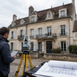 Géomètre réalisant le plan d'une façade de maison.