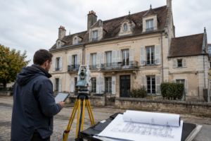 Géomètre réalisant le plan d'une façade de maison.