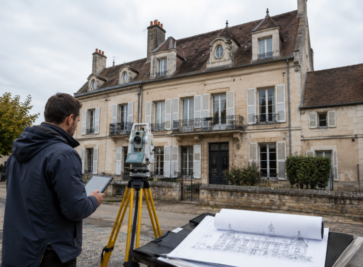 Géomètre réalisant le plan d'une façade de maison.
