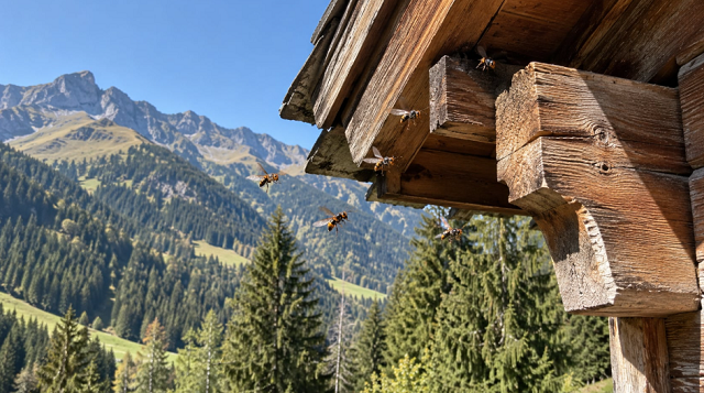 Frelon asiatique en Isère en 2026 : nid sous l'avant-toit d'un chalet de montagne en Belledonne