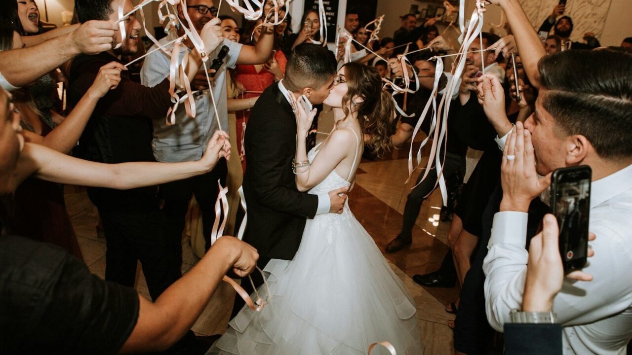 bride and groom dancing on the stage
