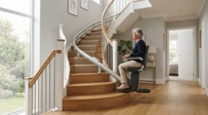 Monte-escalier moderne sur un escalier tournant, maison lumineuse