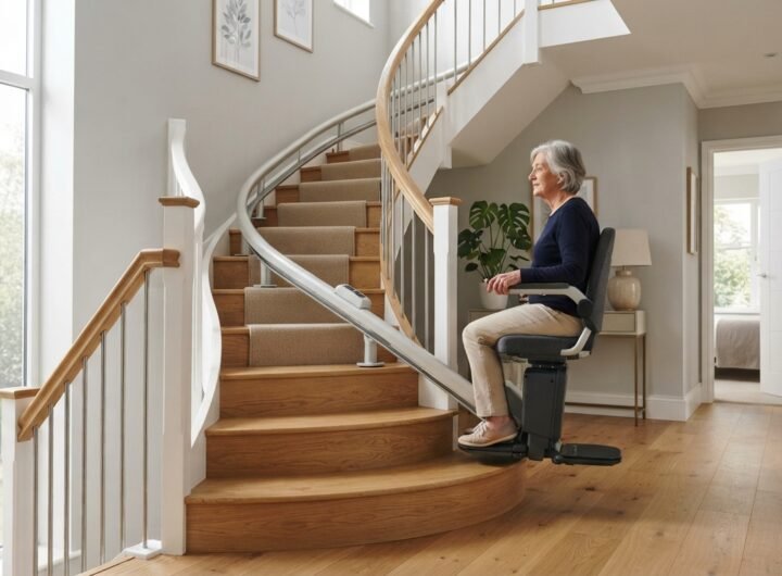 Monte-escalier moderne sur un escalier tournant, maison lumineuse